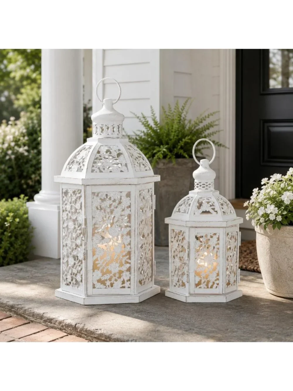 Set of 2 White Metal Lanterns - Decorative Candle Holders for Indoor & Outdoor